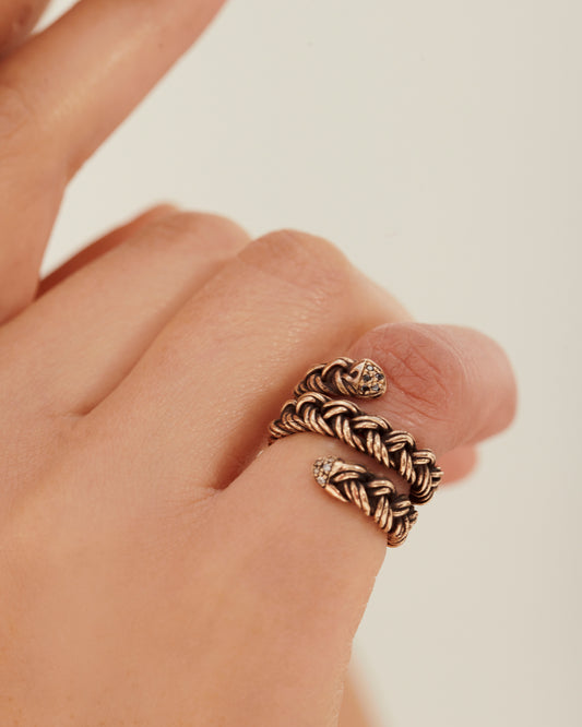 Anello treccia spirale multifilo bronzo e zirconi